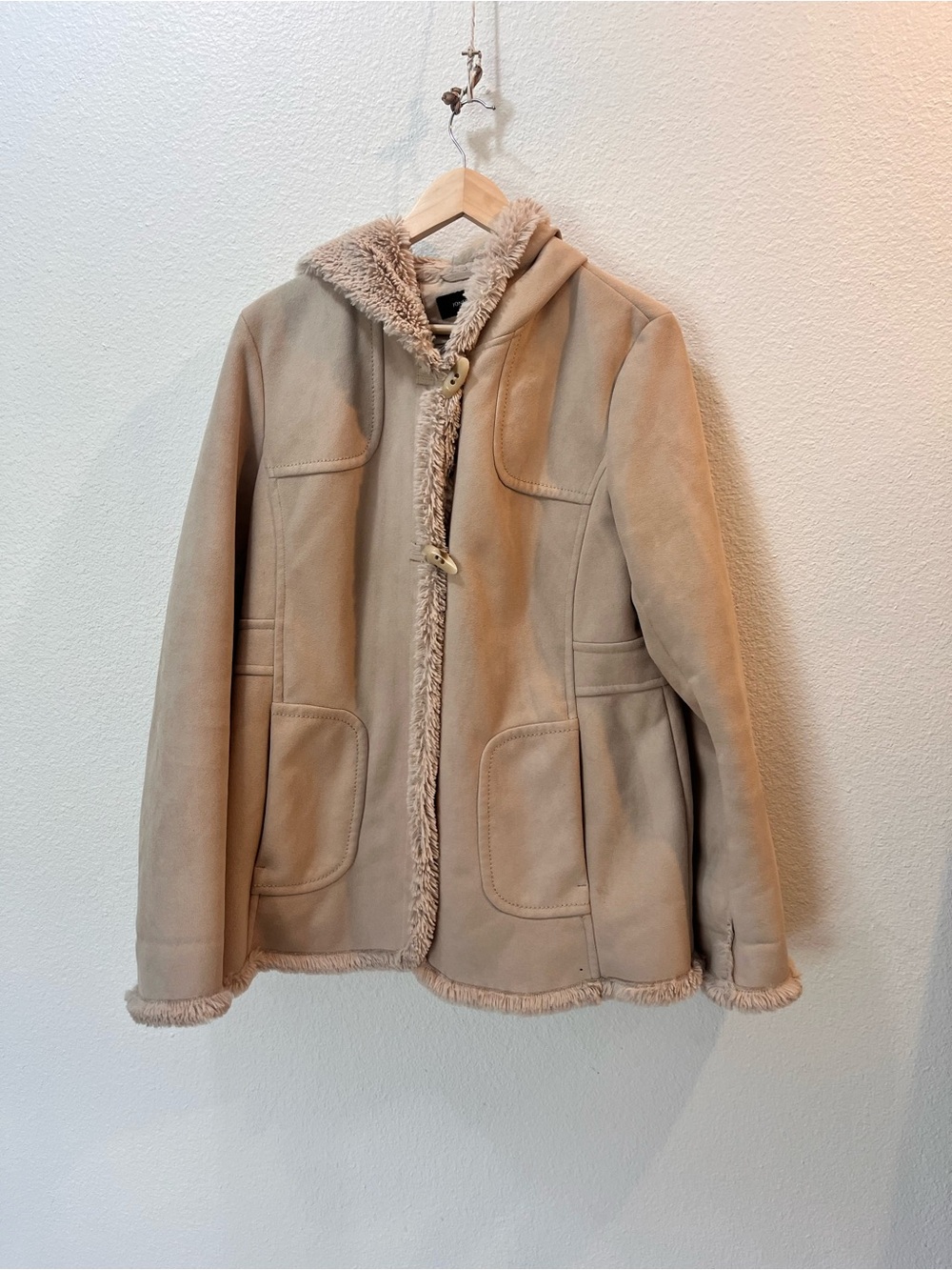 Jones New York Hooded Faux Shearling Jacket - Beige
